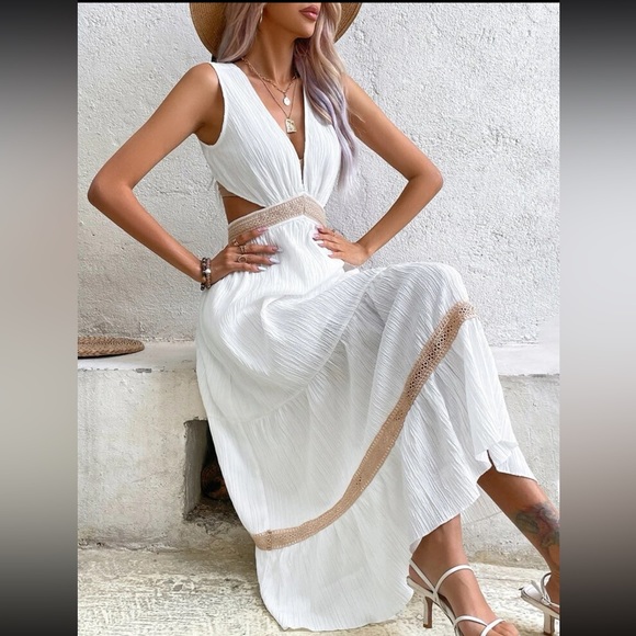 Hot Pink Sheer Lace Cut Out Ruffle Hem Tie Back Dress - Picture 7 of 13